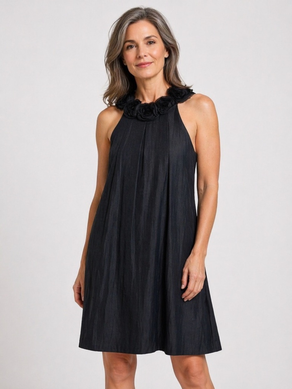 Alexia Admor LBD SLEEVELESS WITH BLACK ROSE DETAIL AROUND COLLAR.